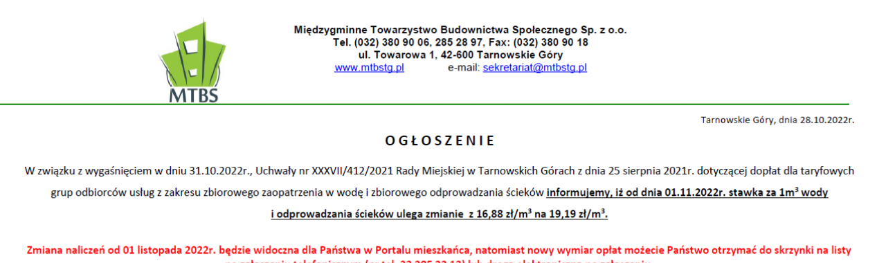 Zmiana stawki za wodę oraz odprowadzanie ścieków od 01.11.2022